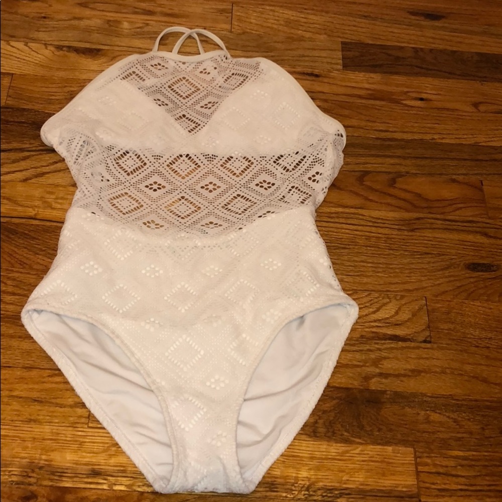 White laced high waisted one piece bathing suit